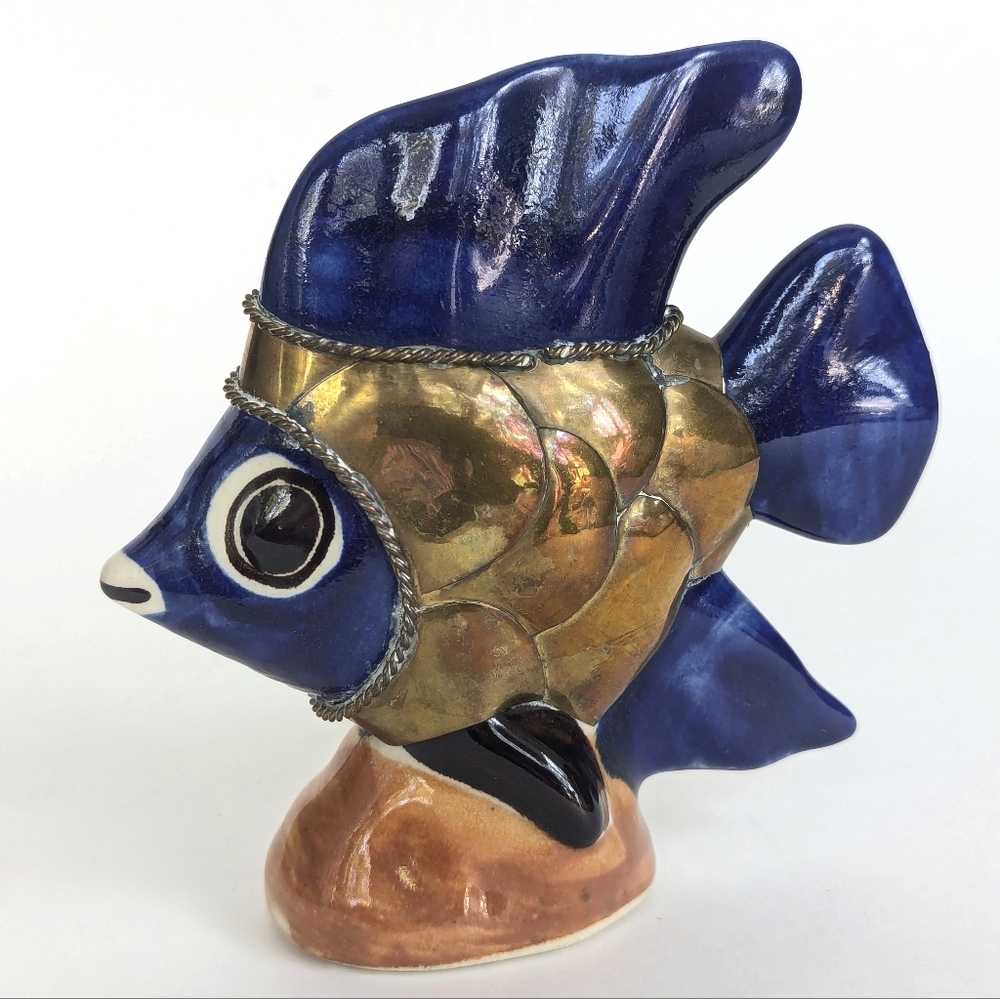 Small Vintage Tonala Fish Figurine w/ Brass Scales Body 4 1/2" Made in Mexico
